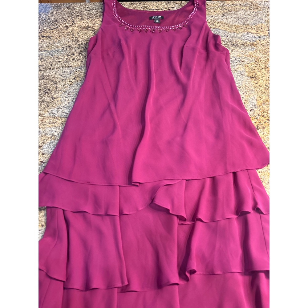 SLNY Womens Plum Purple Beaded Tiered Dress Jacket 2-piece Set Size 14 - Picture 4 of 13